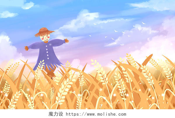 芒种插画节气夏天丰收麦子稻草人小麦成熟收获芒种二十四节气
